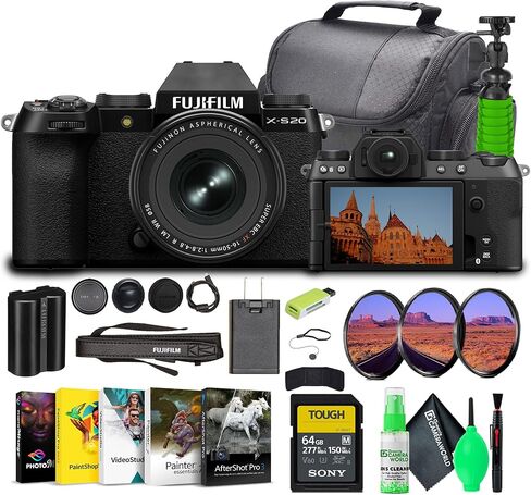 كاميرا Fujifilm X-S20 احترافية رقمية مدمجة بدون مرآة مع عدسة XF16-50mm F2.8-4.8 R LM WR باللون الأسود، حزمة مع بطاقة ذاكرة سعة 64 جيجابايت + حامل ثلاثي القوائم لمدونات الفيديو + حقيبة + طقم تنظيف العدسات الخضراء + المزيد من الملحقات in Kuwait