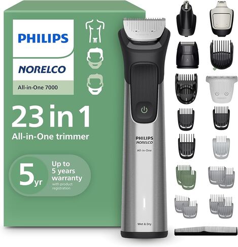 Philips Norelco Multi Groomer - 25 Piece Mens Grooming Kit for Beard, Body, Face, Nose, and Ear Hair Trimmer,Shaver, and Clipper with Premium Storage Case - NO Blade Oil Needed, MG7770/49 in Saudi Arabia
