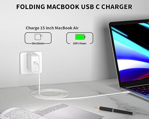 شاحن Mac Book Pro - محول طاقة شاحن سريع USB C بقدرة 45 وات لمنفذ USB C MacBook Air 13 15 بوصة /MacBook Pro 14 16 بوصة، iPhone 17/ 16/ 15، iPad Pro، وجميع أجهزة USBC، كابل نوع C بطول 6 أقدام متضمن in Kuwait