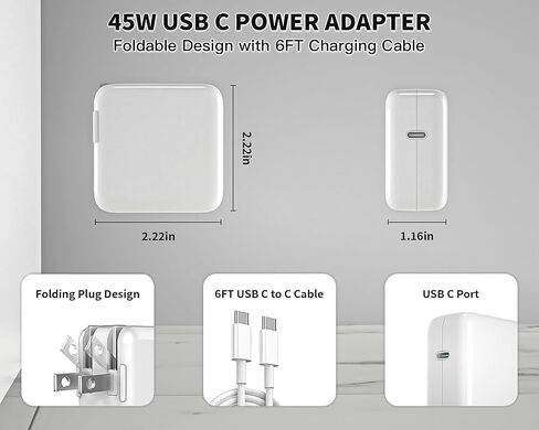 شاحن Mac Book Pro - محول طاقة شاحن سريع USB C بقدرة 45 وات لمنفذ USB C MacBook Air 13 15 بوصة /MacBook Pro 14 16 بوصة، iPhone 17/ 16/ 15، iPad Pro، وجميع أجهزة USBC، كابل نوع C بطول 6 أقدام متضمن in Kuwait