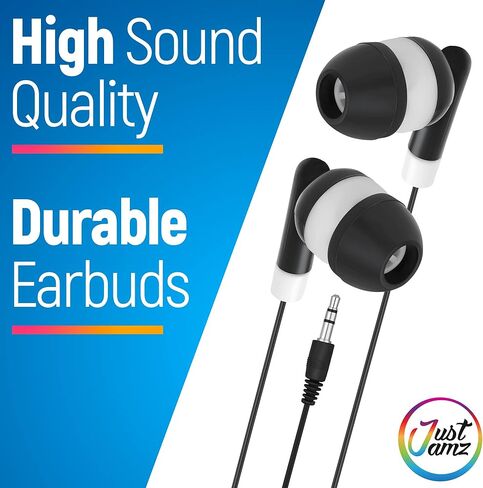 سماعات أذن JustJamz Bulk مكونة من 30 قطعة من سماعات الأذن الأساسية مع مقبس صوت 3.5 ملم، وسماعات ستيريو سوداء للمدارس والأطفال والفصول الدراسية والمكتبات in Kuwait