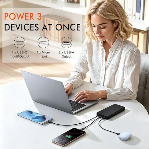 Miady 2-Pack 22.5W 10000mAh شاحن محمول، USB C شحن سريع بنك الطاقة 3 مخارج 2 مدخلات حزمة بطارية أساسية للسفر متوافقة مع iPhone 17/16/15/14، Galaxy S24/22، iPad، Android، الأجهزة اللوحية in Kuwait