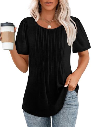 OFEEFAN Womens T Shirts Short Sleeve Pleated Dressy Casual Scooped Neck Summer Tops Blouses in Saudi Arabia