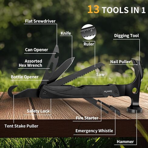 Multitool Hammer, 13-in-1Multi-tool with Knife, Saw, Whistle, Fire Starter, Compact Outdoor Survival Gear for camping Hunting, Fishing and Gifts for Men in Kuwait