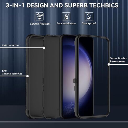 حافظة SunStory متوافقة مع حافظة Samsung Galaxy S23 مع واقي شاشة HD، وغطاء كامل الجسم عالي التحمل من 3 طبقات، حافظة حماية هجينة 3 في 1 لهاتف Galaxy S23 6.1 بوصة، أسود in Kuwait