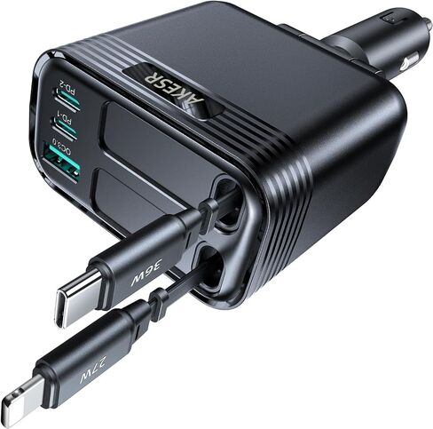 شاحن سيارة AKESR 5 في 1 قابل للسحب لهاتف iPhone 17، ومحول سيارة USB-C بقدرة 66 وات، هدية متعددة الاستخدامات لكل من الرجال والنساء، ولهاتف iPhone 17/16/15/14/13/12 وAndroid لسلسلة Samsung S25. in Kuwait