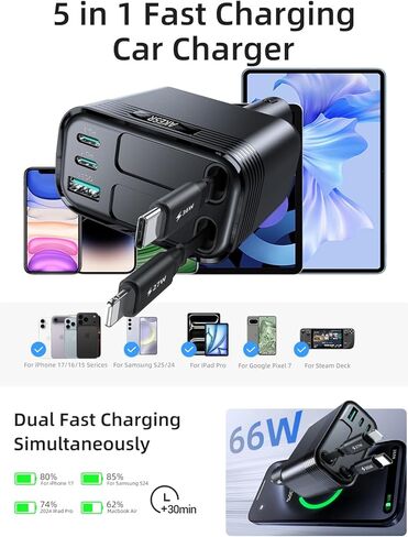 شاحن سيارة AKESR 5 في 1 قابل للسحب لهاتف iPhone 17، ومحول سيارة USB-C بقدرة 66 وات، هدية متعددة الاستخدامات لكل من الرجال والنساء، ولهاتف iPhone 17/16/15/14/13/12 وAndroid لسلسلة Samsung S25. in Kuwait