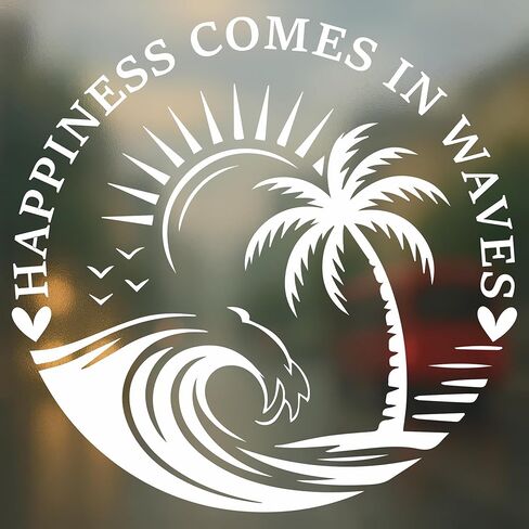 Happiness Comes in Waves Car Decal - Beach Ocean Palm Tree Vinyl Sticker for SUV Truck Window Laptop - Waterproof Durable - Gift for Beach Lovers in Kuwait