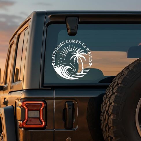 Happiness Comes in Waves Car Decal - Beach Ocean Palm Tree Vinyl Sticker for SUV Truck Window Laptop - Waterproof Durable - Gift for Beach Lovers in Kuwait