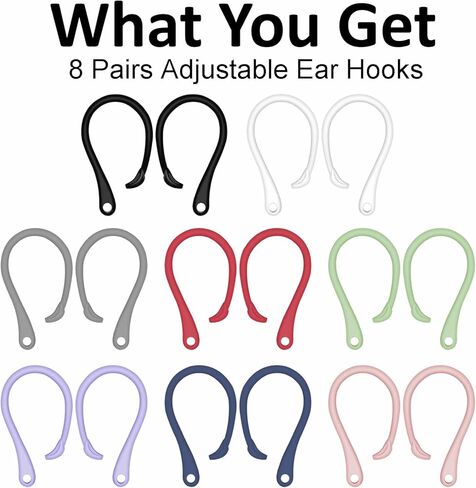 A-Focus 8 Pairs Ear Hooks for AirPods 4 3 2 1, Anti-Slip, Ergonomic Design, Clip Ergonomic Design Sport Accessories Compatible with AirPods Pro 2nd 1st Black White Pink Purple Red Green Gray Blue in Kuwait