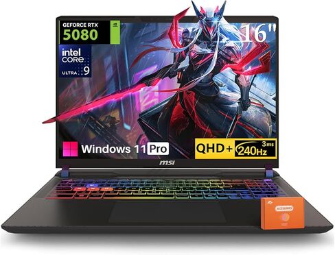 كمبيوتر محمول للألعاب MSI Vector 16 HX AI، Intel Ultra 9 275HX(يصل إلى 5.4 جيجا هرتز)، NVIDIA RTX 5080 16GB GDDR7، 16 بوصة QHD+ 240 هرتز، Wi-Fi 7، 32 جيجا DDR5، 2 تيرابايت SSD، لوحة مفاتيح بإضاءة خلفية RGB، Windows 11 Pro، مع ملحقات in Kuwait