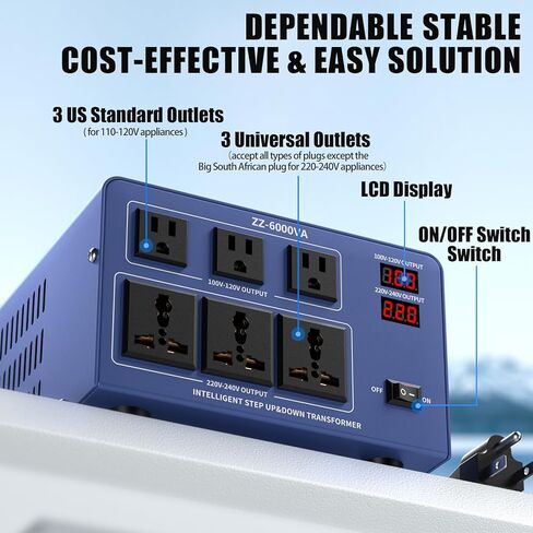 6000W Voltage Converter Auto Transformer,110/120/220/240V Heavy Duty Step Up/Down Power Converter Transformer with 3 US Outlets,3 Universal Outlets, LCD Display,Resettable Circuit Breaker Protection in Kuwait