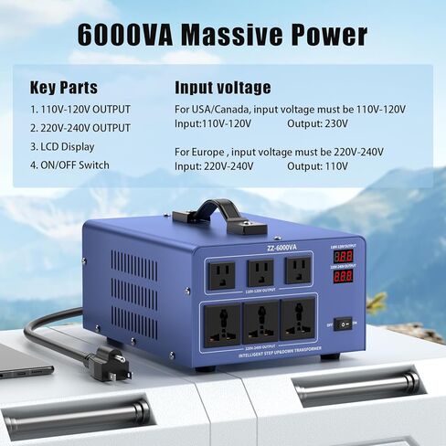 6000W Voltage Converter Auto Transformer,110/120/220/240V Heavy Duty Step Up/Down Power Converter Transformer with 3 US Outlets,3 Universal Outlets, LCD Display,Resettable Circuit Breaker Protection in Kuwait