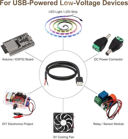 USB Power Cable to Bare Wire, 20AWG 1M USB-A Male Plug Pigtail, 5V 5A DIY Power Wire with Copper Quick Wire Connectors, for LED Strip, Arduino, Electronics Projects,2-Pack in Kuwait