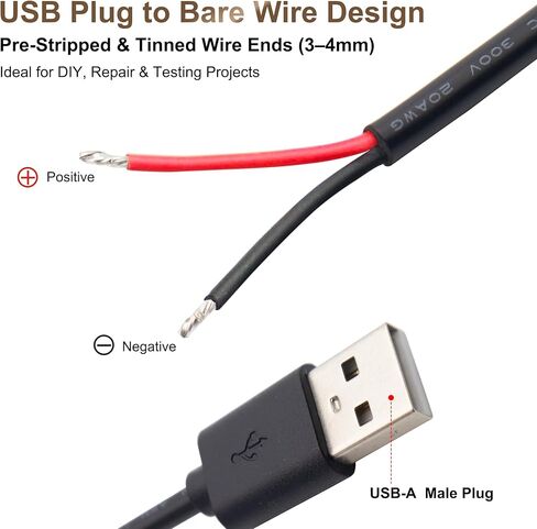 USB Power Cable to Bare Wire, 20AWG 1M USB-A Male Plug Pigtail, 5V 5A DIY Power Wire with Copper Quick Wire Connectors, for LED Strip, Arduino, Electronics Projects,2-Pack in Kuwait