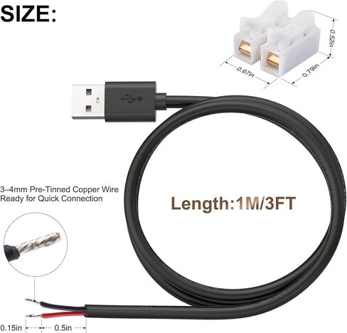 USB Power Cable to Bare Wire, 20AWG 1M USB-A Male Plug Pigtail, 5V 5A DIY Power Wire with Copper Quick Wire Connectors, for LED Strip, Arduino, Electronics Projects,2-Pack in Kuwait