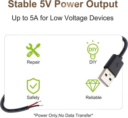 USB Power Cable to Bare Wire, 20AWG 1M USB-A Male Plug Pigtail, 5V 5A DIY Power Wire with Copper Quick Wire Connectors, for LED Strip, Arduino, Electronics Projects,2-Pack in Kuwait
