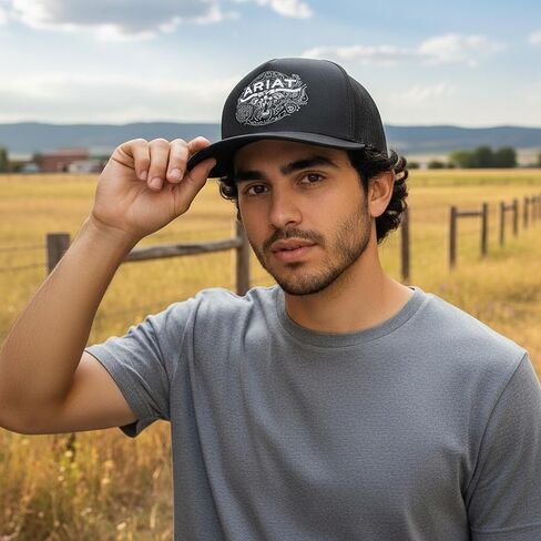قبعة ARIAT الرجالية Paisley Longhorn Trucker، Snapback، أسود، مقاس واحد in Kuwait