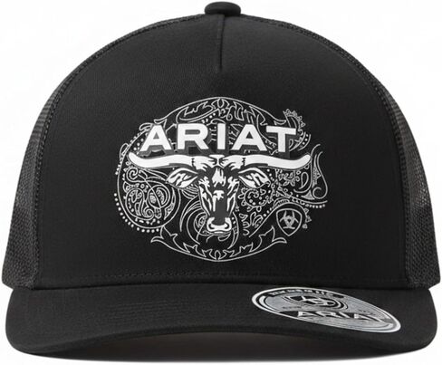 قبعة ARIAT الرجالية Paisley Longhorn Trucker، Snapback، أسود، مقاس واحد in Kuwait
