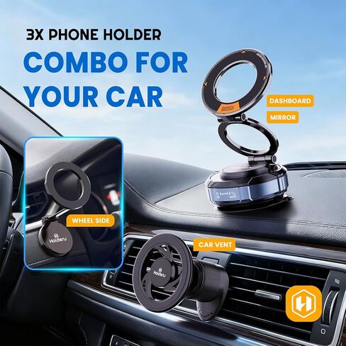 Magnetic Phone Holder for Car - 3 Holder Bundle | MagSafe Compatible Car Mount (Dashboard, Air Vent & Steering Side) Strong Magnet & Nano Gel Suction for iPhone 17 Pro Max, 16, 15, 14 & Android in Kuwait
