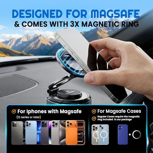 Magnetic Phone Holder for Car - 3 Holder Bundle | MagSafe Compatible Car Mount (Dashboard, Air Vent & Steering Side) Strong Magnet & Nano Gel Suction for iPhone 17 Pro Max, 16, 15, 14 & Android in Kuwait
