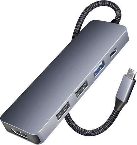 موزع USB C 5 في 1 مع 4K HDMI (معتمد)، توصيل طاقة 100 وات، 3 USB-A، كابل سيليكون، حافظة ألومنيوم متوافقة مع MacBook Pro/Air، iPad Pro، iMac، iPhone 15 Pro/Pro Max، XPS، Thinkpad in Kuwait