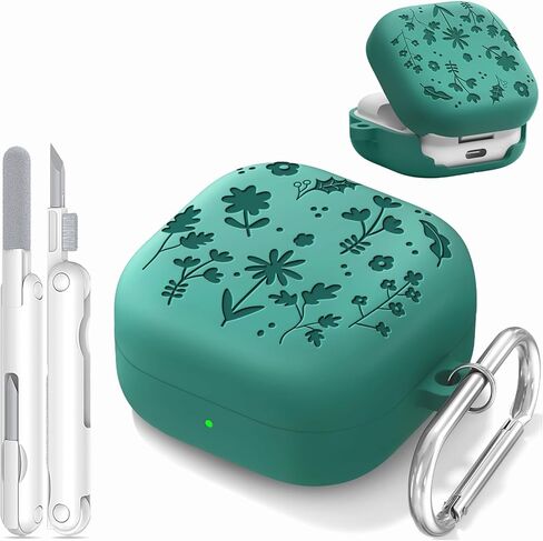 حافظة منقوشة بالزهور لهاتف Samsung Galaxy Buds 4 Pro وحافظة Buds 4 2026، غطاء حافظة من السيليكون الناعم مع مجموعة تنظيف وسلسلة مفاتيح معدنية للنساء والرجال البناتي، مقاوم للصدمات، أخضر صنوبر in Kuwait