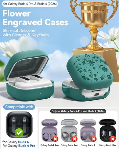 حافظة منقوشة بالزهور لهاتف Samsung Galaxy Buds 4 Pro وحافظة Buds 4 2026، غطاء حافظة من السيليكون الناعم مع مجموعة تنظيف وسلسلة مفاتيح معدنية للنساء والرجال البناتي، مقاوم للصدمات، أخضر صنوبر in Kuwait