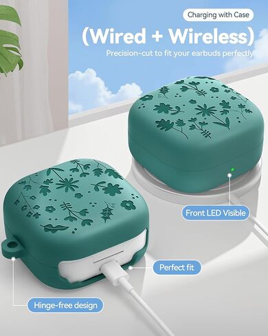 حافظة منقوشة بالزهور لهاتف Samsung Galaxy Buds 4 Pro وحافظة Buds 4 2026، غطاء حافظة من السيليكون الناعم مع مجموعة تنظيف وسلسلة مفاتيح معدنية للنساء والرجال البناتي، مقاوم للصدمات، أخضر صنوبر in Kuwait