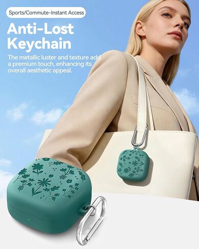 حافظة منقوشة بالزهور لهاتف Samsung Galaxy Buds 4 Pro وحافظة Buds 4 2026، غطاء حافظة من السيليكون الناعم مع مجموعة تنظيف وسلسلة مفاتيح معدنية للنساء والرجال البناتي، مقاوم للصدمات، أخضر صنوبر in Kuwait