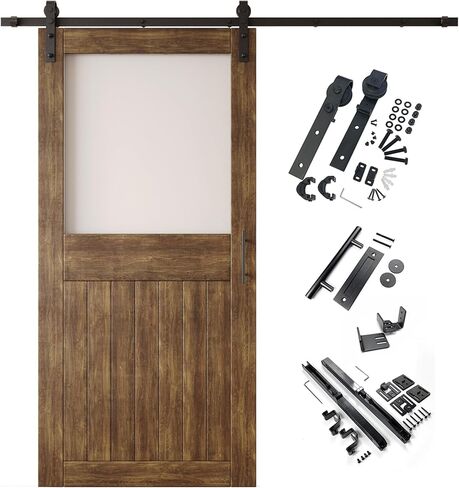 Dark Walnut 26x84 Half Lite Frosted Glass Design Finished Unassembled Solid Wood Sliding Barn Door Only with 4.5ft Long Single Door Non-Bypass Hardware Kit (Interior Use Only) in Kuwait