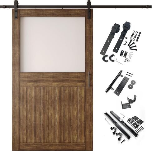 Dark Walnut 26x84 Half Lite Frosted Glass Design Finished Unassembled Solid Wood Sliding Barn Door Only with 4.5ft Long Single Door Non-Bypass Hardware Kit (Interior Use Only) in Saudi Arabia