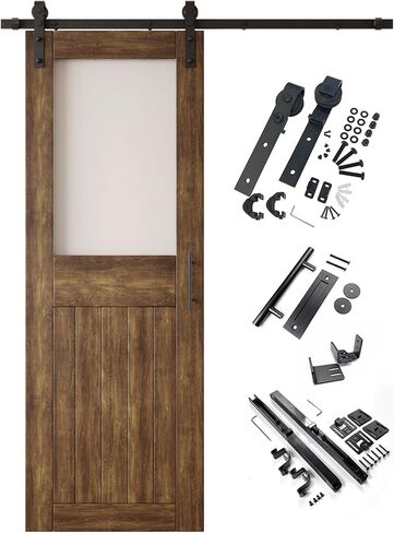 Dark Walnut 26x84 Half Lite Frosted Glass Design Finished Unassembled Solid Wood Sliding Barn Door Only with 4.5ft Long Single Door Non-Bypass Hardware Kit (Interior Use Only) in Saudi Arabia