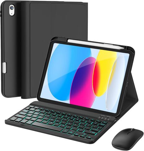 حافظة RAYMCRAFT لجهاز iPad 11th (A16, 2025)/الجيل العاشر مع لوحة مفاتيح وماوس ولوحة مفاتيح لاسلكية قابلة للفصل، وإضاءة خلفية 7 ألوان، وحافظة رفيعة مع حامل أقلام، أسود in Kuwait