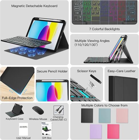 حافظة RAYMCRAFT لجهاز iPad 11th (A16, 2025)/الجيل العاشر مع لوحة مفاتيح وماوس ولوحة مفاتيح لاسلكية قابلة للفصل، وإضاءة خلفية 7 ألوان، وحافظة رفيعة مع حامل أقلام، أسود in Kuwait