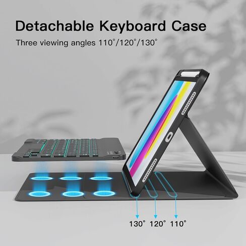 حافظة RAYMCRAFT لجهاز iPad 11th (A16, 2025)/الجيل العاشر مع لوحة مفاتيح وماوس ولوحة مفاتيح لاسلكية قابلة للفصل، وإضاءة خلفية 7 ألوان، وحافظة رفيعة مع حامل أقلام، أسود in Kuwait