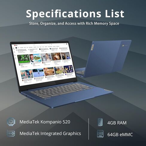 Lenovo IdeaPad Slim 3 Chromebook، كمبيوتر محمول بشاشة لمس 14 بوصة FHD IPS، معالج MediaTek Kompanio 520، ذاكرة الوصول العشوائي 4 جيجابايت، 64 جيجابايت eMMC، كاميرا ويب، WiFi6، نظام تشغيل Chrome، أزرق، بطاقة USB سعة 32 جيجابايت (متجددة) in Kuwait
