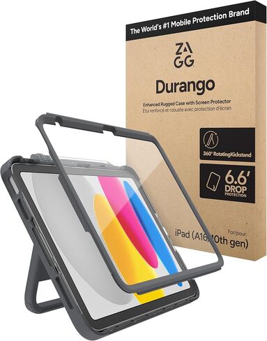 حافظة ZAGG Durango لجهاز iPad (A16/10th Gen) - غطاء واقٍ متين وشديد التحمل مع واقي شاشة، ومسند دوار، وحزام يد، وحامل قلم، وحماية من السقوط بطول 6.6 قدم، رمادي فحمي in Kuwait