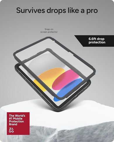 حافظة ZAGG Durango لجهاز iPad (A16/10th Gen) - غطاء واقٍ متين وشديد التحمل مع واقي شاشة، ومسند دوار، وحزام يد، وحامل قلم، وحماية من السقوط بطول 6.6 قدم، رمادي فحمي in Kuwait