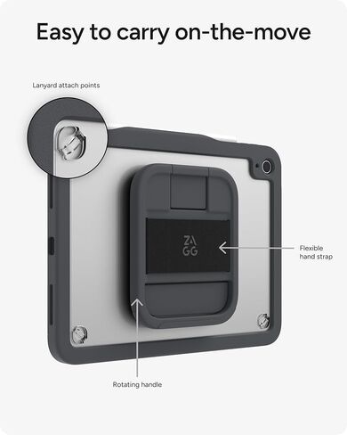 حافظة ZAGG Durango لجهاز iPad (A16/10th Gen) - غطاء واقٍ متين وشديد التحمل مع واقي شاشة، ومسند دوار، وحزام يد، وحامل قلم، وحماية من السقوط بطول 6.6 قدم، رمادي فحمي in Kuwait