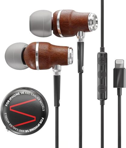 سماعات أذن iPhone Symphonized صوت جهير عميق سلكي، صوت ثلاثي الأبعاد، التحكم في مستوى صوت الميكروفون، عزل الضوضاء، Bubinga Wooden مع Lightning (معتمد من Apple MFI)، iPhone SE إلى 14 سماعة أذن in Kuwait