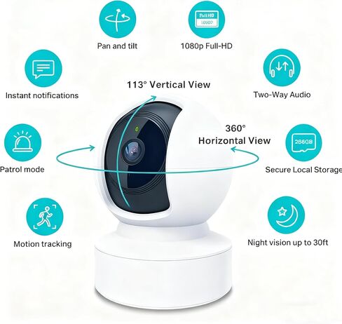 Indoor Pan/Tilt Smart Security Camera, 1080p HD Dog-Camera,2.4GHz with Night Vision,Motion Detection for Baby and Pet Monitor, Cloud & SD Card Storage, Compatible with Alexa& Google Home, White in Kuwait