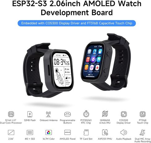 لوحة تطوير ساعة Waveshare ESP32-S3 مقاس 2.06 بوصة AMOLED تعمل باللمس، 32 بت LX7 ثنائي النواة، 410 × 502 بكسل، QSPI، مجموعة ميكروفونات رقمية مزدوجة مدمجة، ESP32 مع شاشة عرض، بدون بطارية in Kuwait