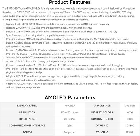لوحة تطوير ساعة Waveshare ESP32-S3 مقاس 2.06 بوصة AMOLED تعمل باللمس، 32 بت LX7 ثنائي النواة، 410 × 502 بكسل، QSPI، مجموعة ميكروفونات رقمية مزدوجة مدمجة، ESP32 مع شاشة عرض، بدون بطارية in Kuwait