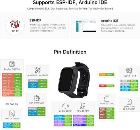 لوحة تطوير ساعة Waveshare ESP32-S3 مقاس 2.06 بوصة AMOLED تعمل باللمس، 32 بت LX7 ثنائي النواة، 410 × 502 بكسل، QSPI، مجموعة ميكروفونات رقمية مزدوجة مدمجة، ESP32 مع شاشة عرض، بدون بطارية in Kuwait