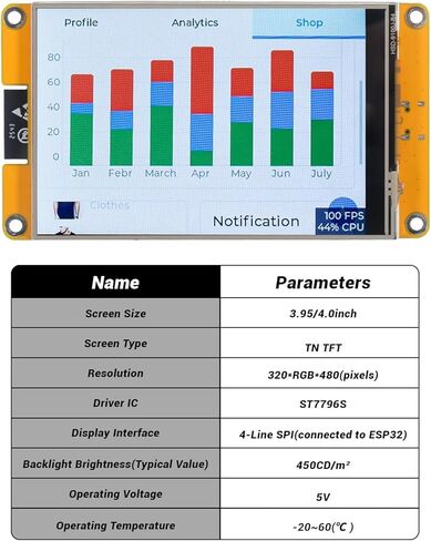 4.0'' ESP32 Display, 320x480 Touch Screen with WiFi+BT, Dual-core TFT Module ST7796S Driver with ESP32-32E ESP32 Display for Arduino IoT in Kuwait