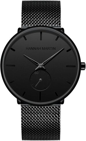 ساعة HANNAH MARTIN للرجال ساعات يد سوداء رفيعة للغاية للرجال، فستان مقاوم للماء، سوار من الفولاذ المقاوم للصدأ in Kuwait
