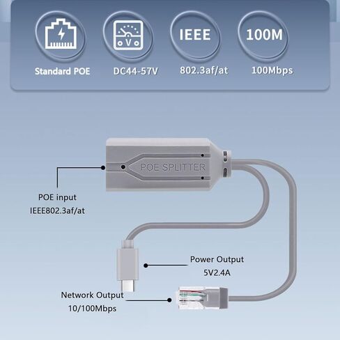 USB C Splitter USB C 48V to 5V 2.4A for Long Distances Ethernet Cable Use 10 / 100Mbps Ethernet Adapter for Home Splitter in Kuwait