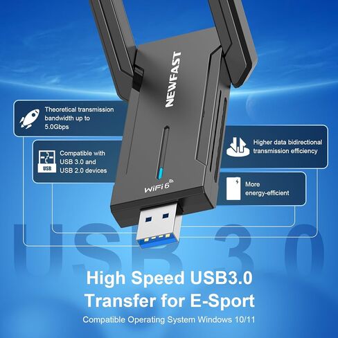 NEWFAST AXE5400 USB WiFi 6 Adapter for Desktop PC NF-U353, Tri-Band Wireless Network Adapter for Desktop, 6GHz/5GHz/2.4GHz Wireless Network Transceiver USB WiFi Dongle for Windows 11/10 in Kuwait