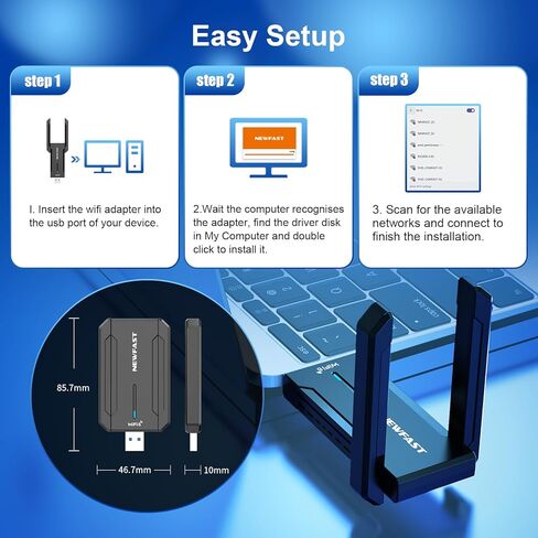NEWFAST AXE5400 USB WiFi 6 Adapter for Desktop PC NF-U353, Tri-Band Wireless Network Adapter for Desktop, 6GHz/5GHz/2.4GHz Wireless Network Transceiver USB WiFi Dongle for Windows 11/10 in Kuwait